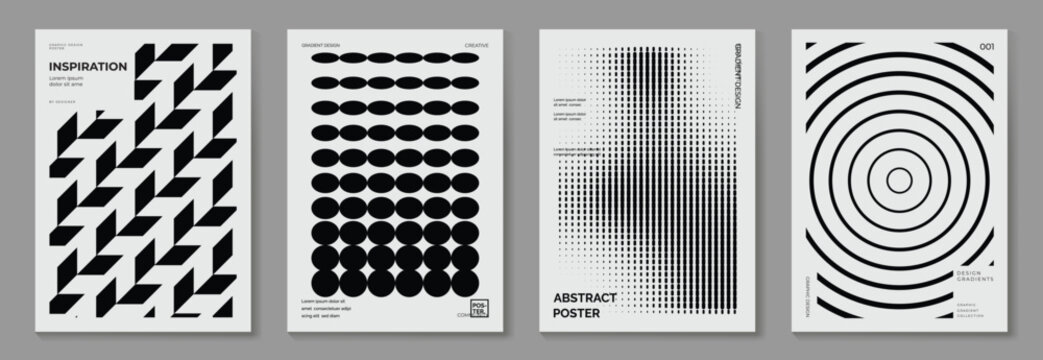 Fototapeta Abstract monochrome gradient poster background vector set. Modern cover template with black and white perspective geometric prism shape, halftone dot. Ideal design for social media, banner, ads.