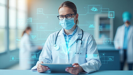 3D Flat Icon of a Vet with Virtual Consultation Tools: Double Exposure Design Symbolizing Innovative Virtual Veterinary Care Solutions with Copy Space on Isolated White Background