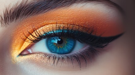 Captivating Eye: A striking macro shot captures the intricate details of a vibrant blue eye adorned with exquisite makeup, showcasing the beauty of the human gaze.