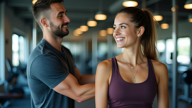 Personal trainer assists young woman in gym fosters healthy body synergy lens approach aligns posture encourages positivity brand reinforcement elevates fitness standard concept as Coach guides correc