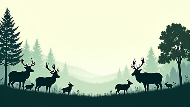 Forest and Wildlife Silhouettes Border Frame for World Environment Day: Create Stunning Conservation Messages with Central Copy Space and Left-Side Empty Area in Photo Stock