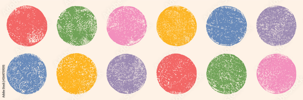Fototapete grungy distressed aged retro textured hand printed circle shapes collection. linocut vector round ro