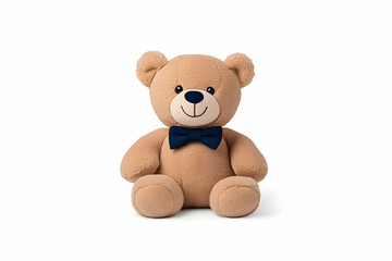 Obraz premium Adorable tan teddy bear wearing a navy bow tie, sitting against a white background