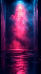  Mystical Corridor with Blue and Pink Lights and Reflective Surface