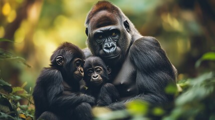 Naklejka premium Gorilla Family in Lush African Forest