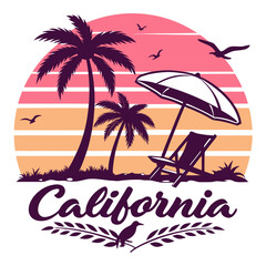 Obraz premium California Sunset: Beach Scene with Palm Trees, Umbrella, and Chair