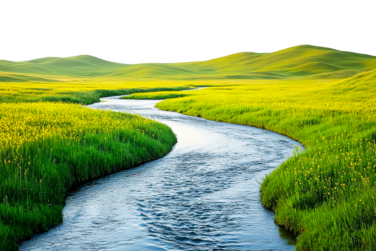 Flowing river through lush green fields in a serene landscape cut out