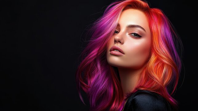 Colorful Hair Fashion: A portrait captures a woman showcasing vibrant hair, a fusion of shades like pink, purple, and orange, against a dark backdrop.
