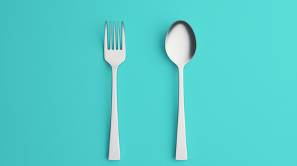 Minimal close up of spoon and fork on isolated turquoise background