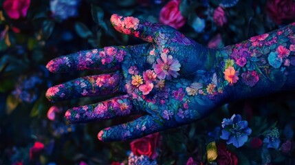 Hand Decorated with Flowers in Night Garden