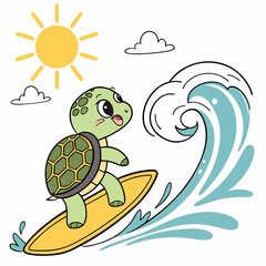 Adorable Turtle Surfing Ocean Wave, Summer Fun Cartoon Illustration