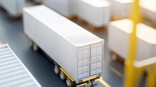 white shipping container on truck in busy industrial area, showcasing logistics and transportation