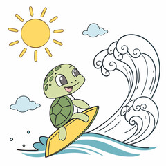 Adorable Turtle Surfing Summer Wave, Cute Cartoon Illustration