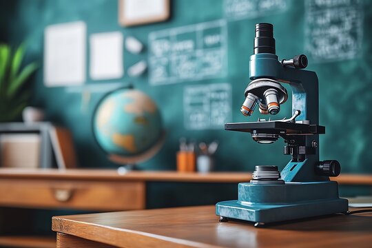 A microscope on a wooden table.