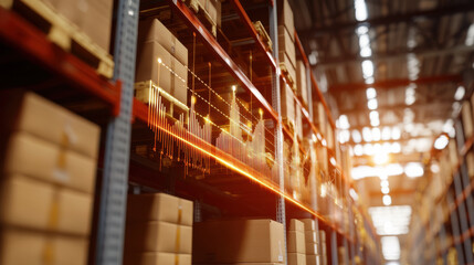Warehouse shelves filled with boxes and digital data overlay showing analytics