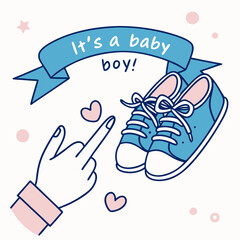 Adorable Baby Boy Announcement with Blue Shoes and Hand Gesture