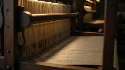 Close up photo of old weaving loom with vintage filter showcasing traditional textile craftsmanship and antique textile machinery aesthetics. concept as Close up photo of old weaving loom with vintage
