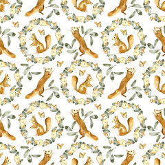 Vintage Watercolor Pear, Squirrel and Forest Botany Seamless Pattern on Transparent Background, Elegant Floral Print for Design and Decoration