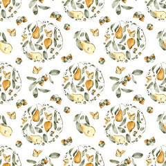 Vintage Watercolor Pear Pattern on Transparent Background, Seamless Design for Fabric and Wallpaper, Autumn Forest Motif