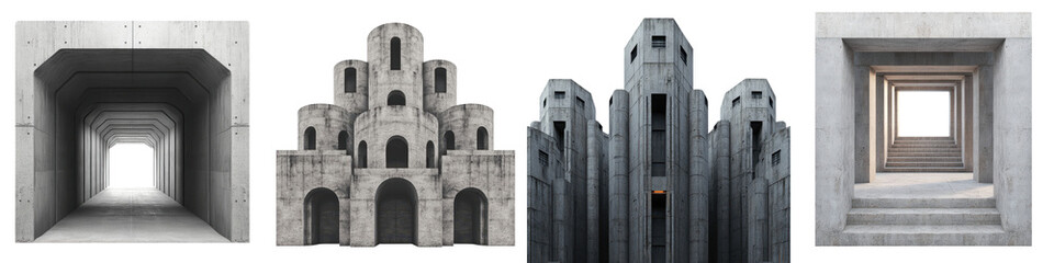 A collection of striking modernist concrete buildings showcasing bold symmetrical architectural designs with geometric patterns arched a sense of scale and grandeur