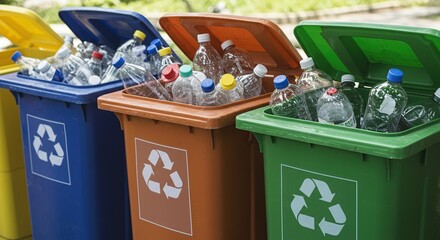Colorful Recycling Bins for Plastic Bottles - Waste Sorting and Environmental Awareness.