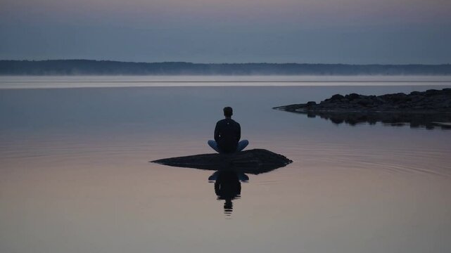 Man sitting cross-legged on rock in calm lake at sunrise, peaceful moment of meditation and self-reflection in nature, serene landscape with soft light and tranquil atmosphere