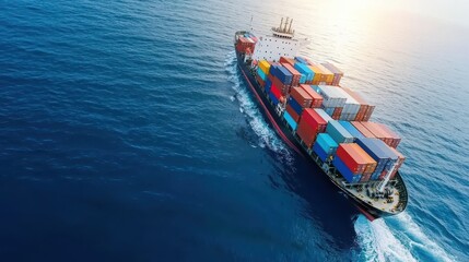 Obraz premium Cargo Container Ship Sailing on Tranquil Blue Ocean with Horizon Large freight carrier transporting international trade goods across the seas for global logistics and commerce