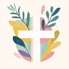 white christian cross surrounded by colorful abstract leaves, modern spiritual illustration combining faith with vibrant graphic floral design on soft background
