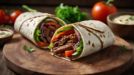 Doner wrap filled with juicy grilled meat, fresh vegetables, and creamy sauce, served on a rustic wooden board with a blurred background