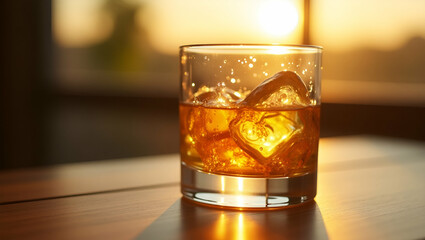 Refreshing whiskey on the rocks in a sunlit setting highlighting chilled beverage and relaxing ambiance for lifestyle photography concept as Inviting scene of whiskey served over ice in a glass placed