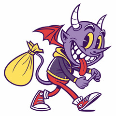 Mischievous Cartoon Devil with Bag, Retro Style Illustration