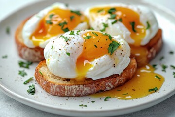Golden runny yolk poached eggs on toast with fresh herb garnish