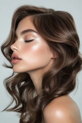 Obraz premium Serene Beauty: A close-up portrait of a young woman with long, wavy brown hair, her eyes gently closed, exuding an aura of calm and natural beauty.