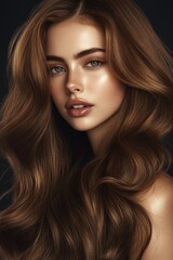 Naklejka premium Radiant Portrait: A stunning, angelic woman with long, flowing locks of brown hair, captured in a close-up shot, radiating beauty and grace, creating an alluring, dreamy atmosphere.
