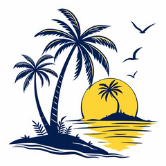 Tropical Island Sunset: Palm Trees, Ocean, and Flying Birds Silhouette Illustration