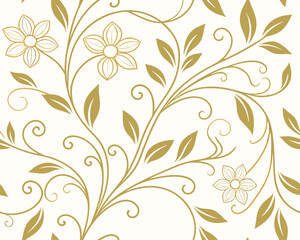 Luxury golden flowers and leaves repeat, sophisticated botanical illustration on a clean white backdrop