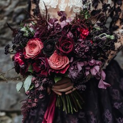 Dark Romantic Floral Bouquet Held Close Up