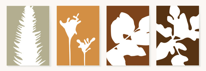 Fototapeta premium Set of abstract foliage poster vector. Leaves, flower, organic shapes, earth tone colors, leaf branch. Illustration design for Eco packaging, interior, cover, wall art, wallpaper.