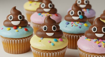Cupcakes topped with poop emoji frosting