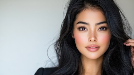 Fototapeta premium Elegant and Confident Asian Female Model Posing in Contemporary Studio Portrait with Flawless Skin Stylish Makeup and Radiant Expression