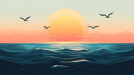 Sunset Seagulls Ocean Landscape.