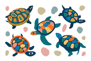 Turtle set. Cute colorful turtles. Vector summer sea illustration