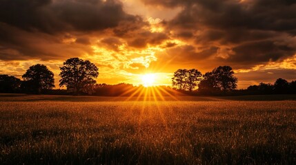 Dramatic sunset paints golden hues across the expansive field and sky