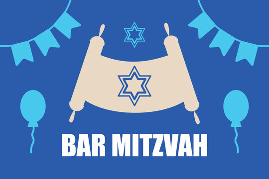 Bar Mitzvah greeting card, banner. Star of David, Torah and balloons on a blue background. Vector illustration for your holiday