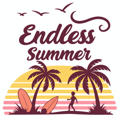 Obraz premium Endless Summer: Surfer Silhouette at Sunset with Palm Trees and Surfboards