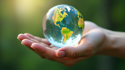 Hand holds crystal globe with circular economy icon highlighting carbon credit CO2 cut reuse and renewable materials. concept as Scene focuses on safeguarding environment with circular economy approac