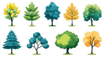 Fototapeta premium Collection of diverse cartoon trees, showcasing various shapes, colors, and foliage