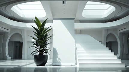 Obraz premium Modern white interior with stairs plant and blank display