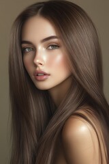 Fototapeta premium Serene Beauty: A captivating portrait of a woman, exuding natural beauty, with long, flowing brown hair, soft features, and a tranquil gaze, emanating a sense of peace and grace.