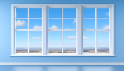 Blue wall with a three-paned window showing bright sky, clouds, and landscape